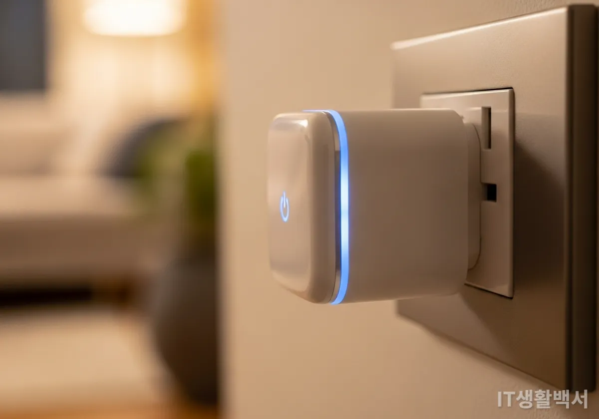 벽면 콘센트에 설치된 흰색 스마트 플러그 근접 촬영 이미지