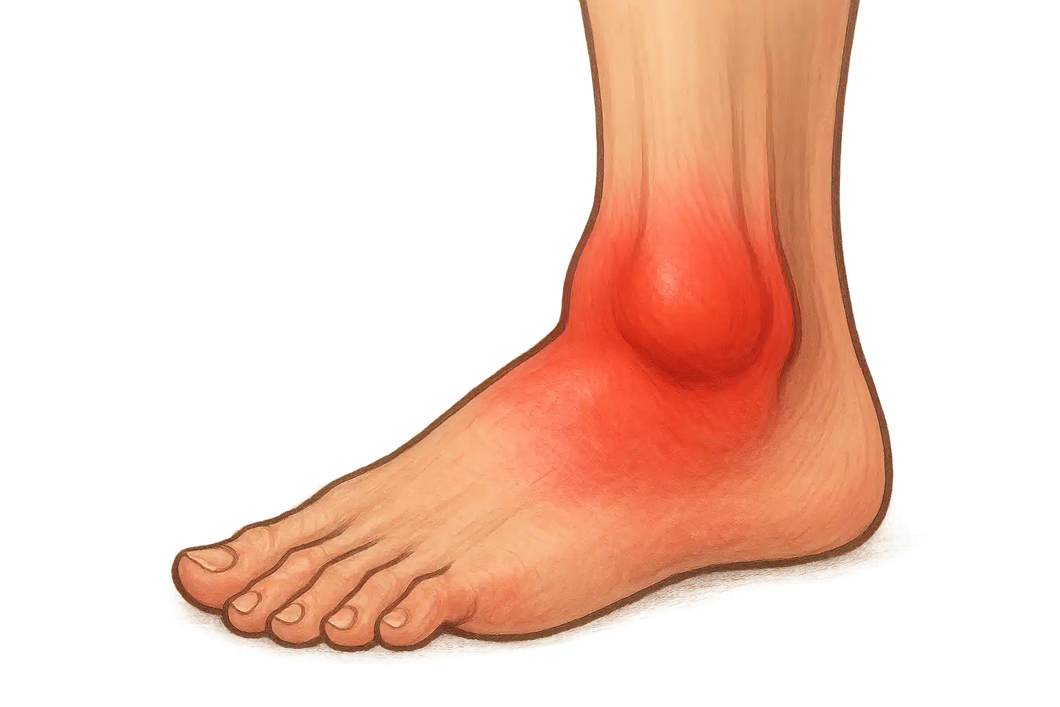 발목 관절이 붓고 열감이 나는 모습, 류마티스나 퇴행성 관절염을 상징하는 붉고 부어오른 관절