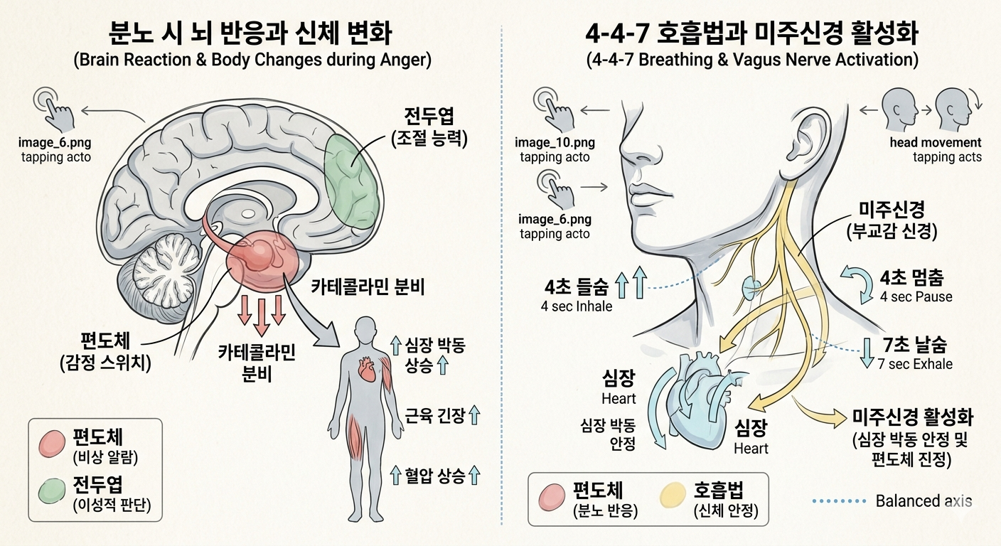 - 분노 시 뇌 반응과 신체 변화: 왼쪽의 인체 몸통도를 보시면, 뇌 단면도를 통해 분노 자극이 들어왔을 때 편도체(투명한 레드)가 비상 알람처럼 작동하고 카테콜라민이 분비되어 몸(심장 박동 상승-상승 화살표, 근육 긴장-상승 화살표)을 긴장시키는 과정을 비교했습니다.
- 4-4-7 호흡법과 미주신경 활성화: 오른쪽의 전신 측면도를 보시면, '4-4-7 호흡법'(들숨 4초, 멈춤 4초, 날숨 7초)을 통해 미주신경을 활성화하여 부교감신경을 깨우고 심장 박동을 안정시켜(심장 박동 안정-블루 화살표) 편도체를 가라앉히는 과정을 직관적으로 확인할 수 있습니다.
이미지출처: Gemini Ai 생성