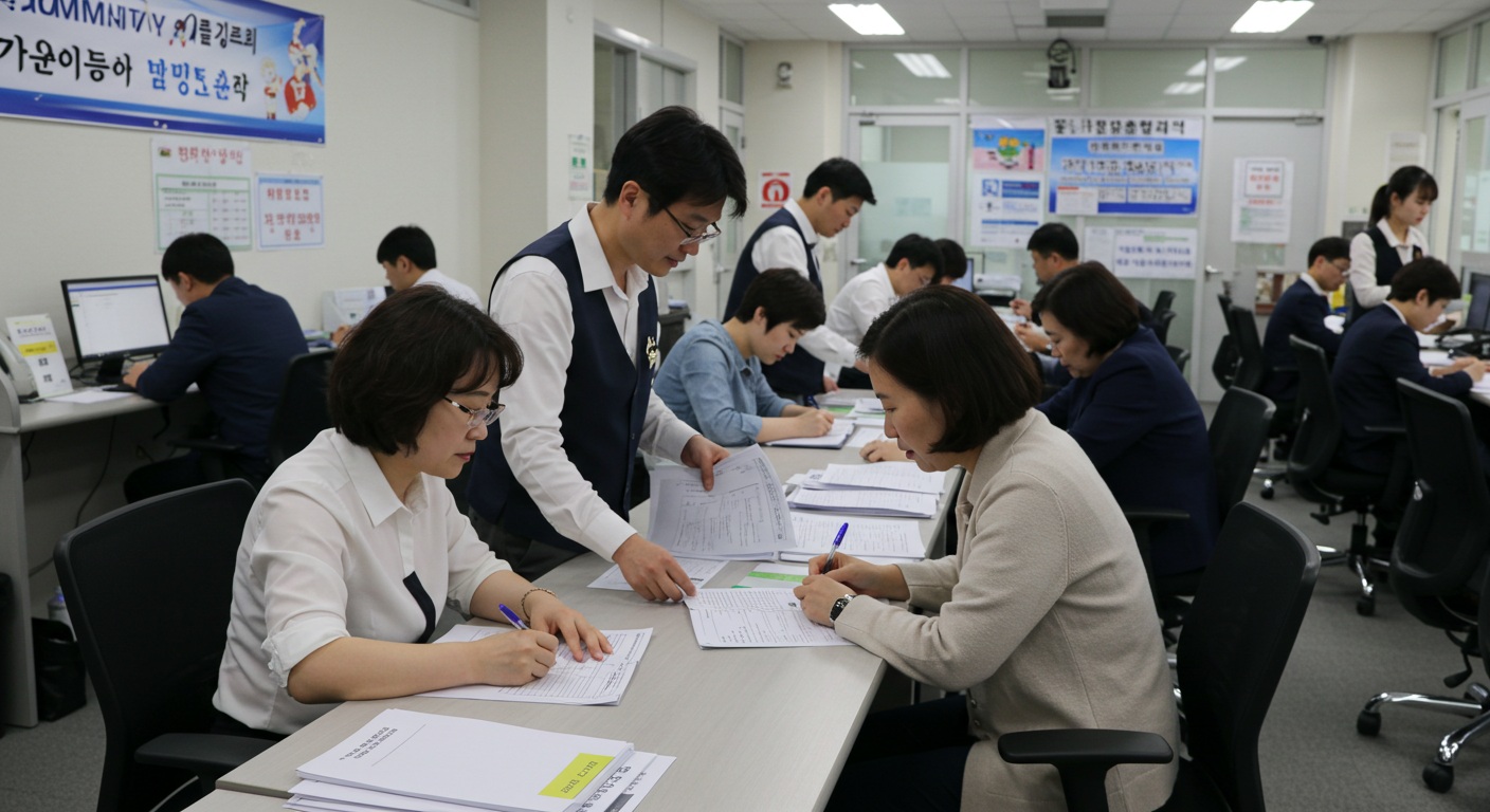 주민센터에서 서류를 작성하는 사람들의 모습