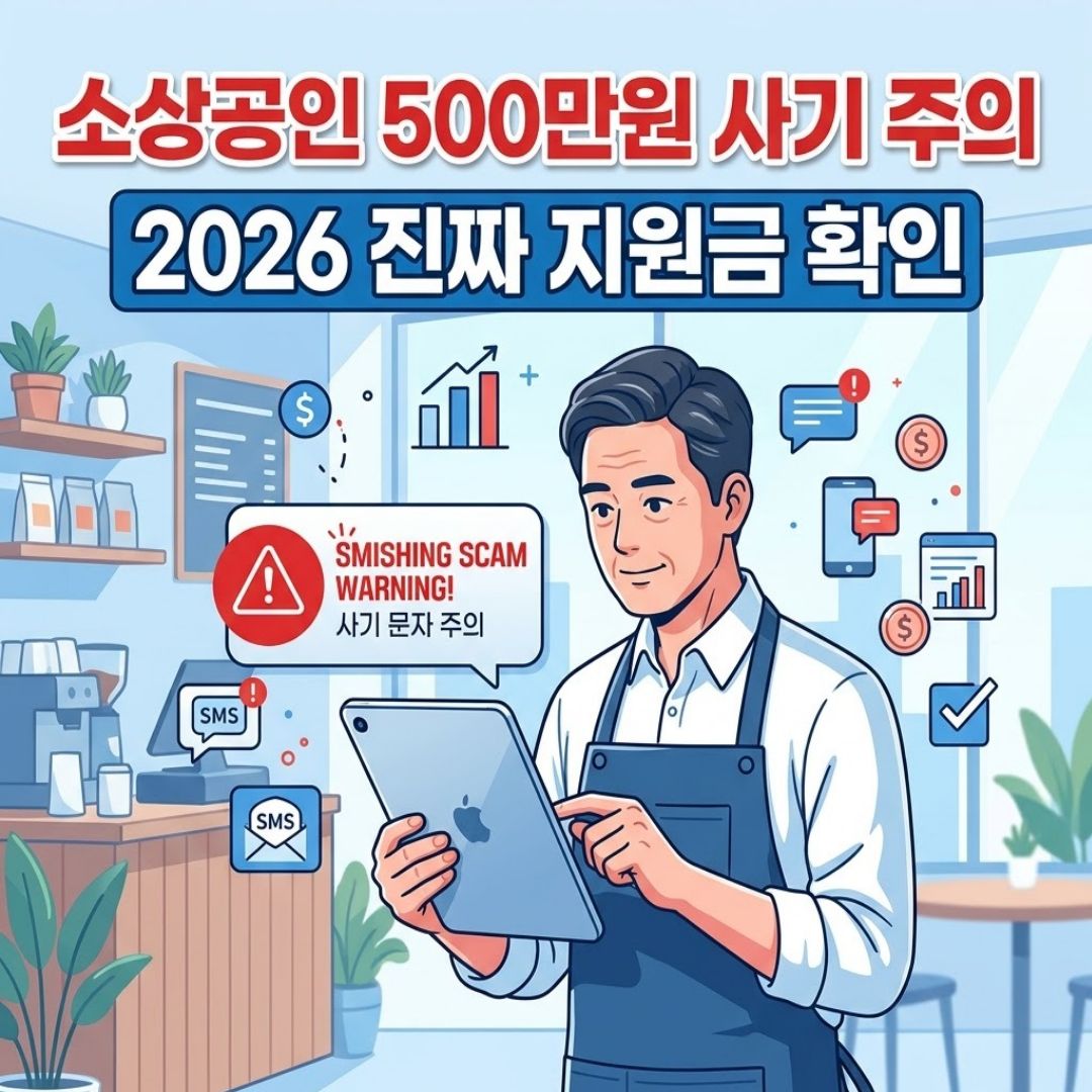 태블릿을 보며 소상공인 500만 원 지원금 스미싱 사기를 주의하는 자영업자 일러스트