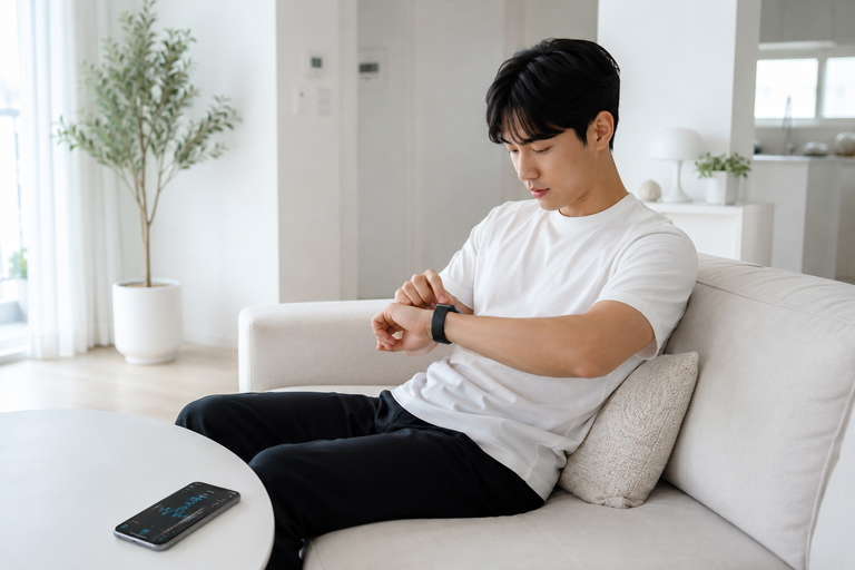 거실 소파에 앉아 스마트워치와 스마트폰 앱으로 심박 변이도(HRV) 데이터를 확인하는 장면