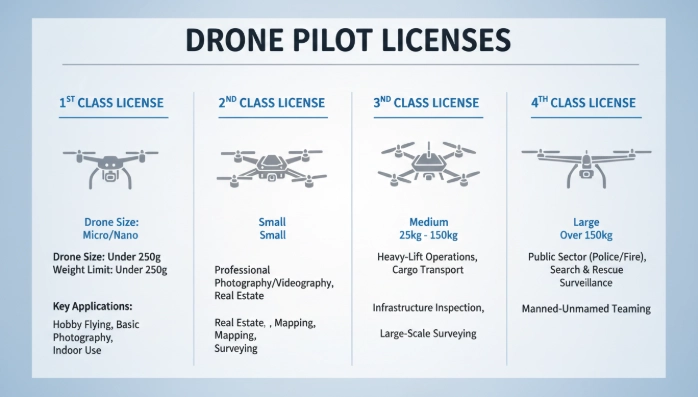드론 자격증 1종, 2종, 3종, 4종을 크기와 용도에 따라 시각적으로 구분하여 보여주는 인포그래픽.