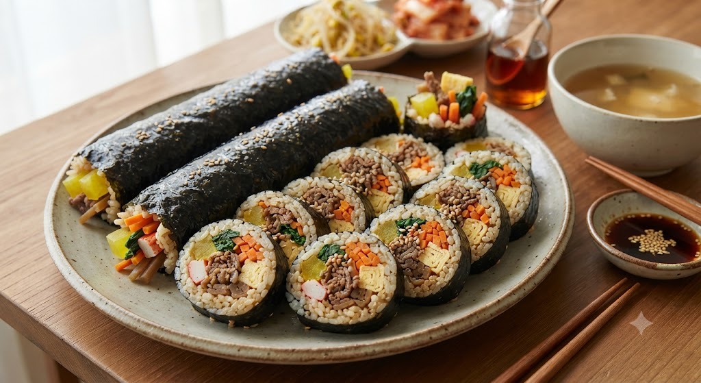 푸짐하고 건강한 다이어트 김밥 한상차림 - 소고기 김밥과 콩나물국, 깍두기, 시금치 나물이 함께 차려진 식탁