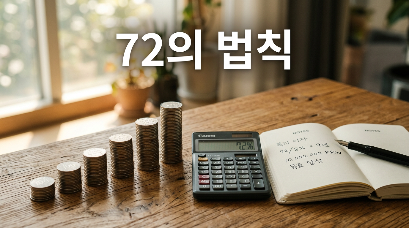 72의 법칙으로 복리 계산을 보여주는 계산기와 쌓인 동전 사진
