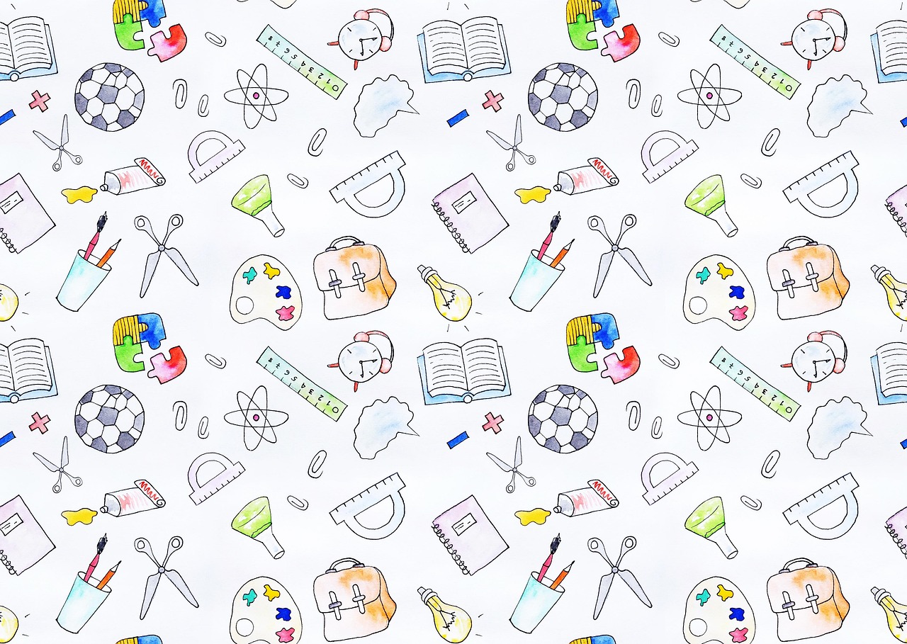 공,책,자,가위,필기구 등이 그려져 있는 그림