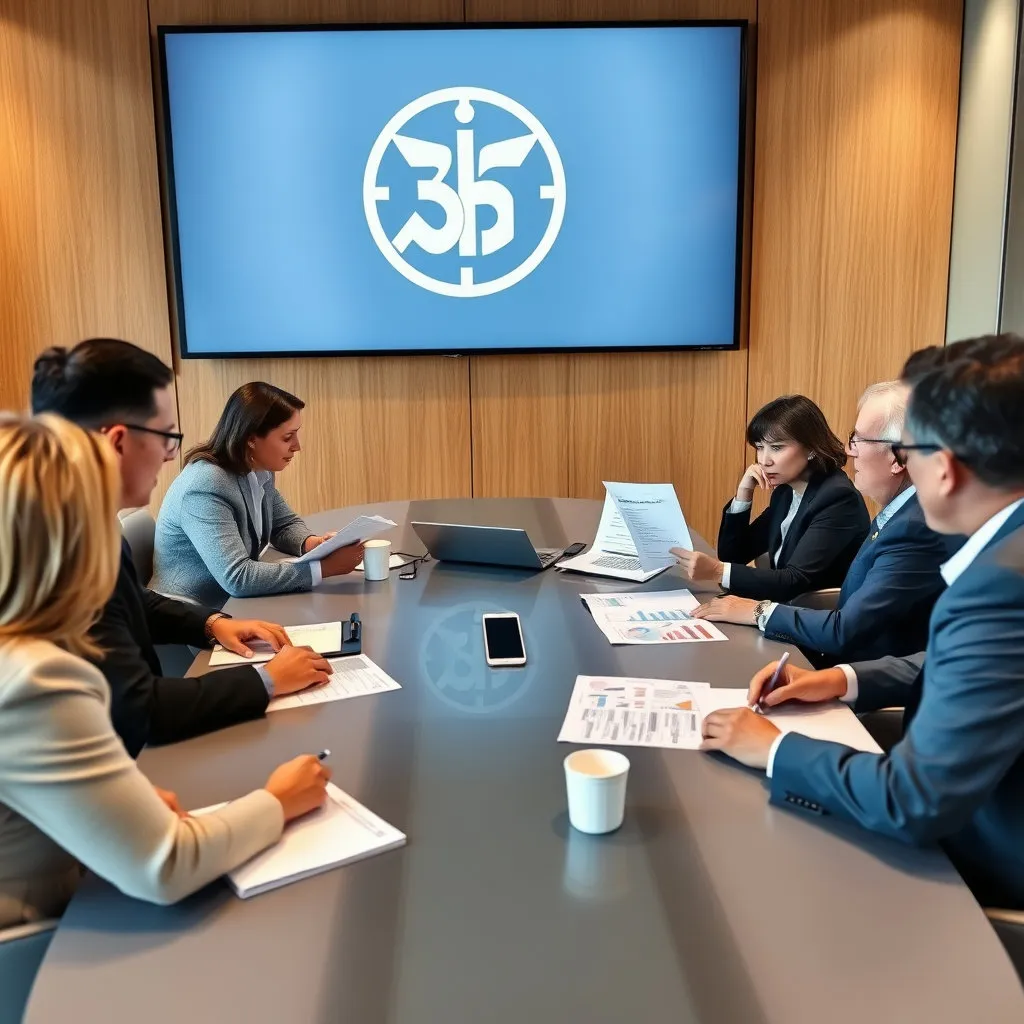 기업 로고가 있는 배경에서 경영진들이 앉아 임금표나 제도 개편 관련 서류를 보며 고심하거나, 새로운 해결책을 논의하는 모습.