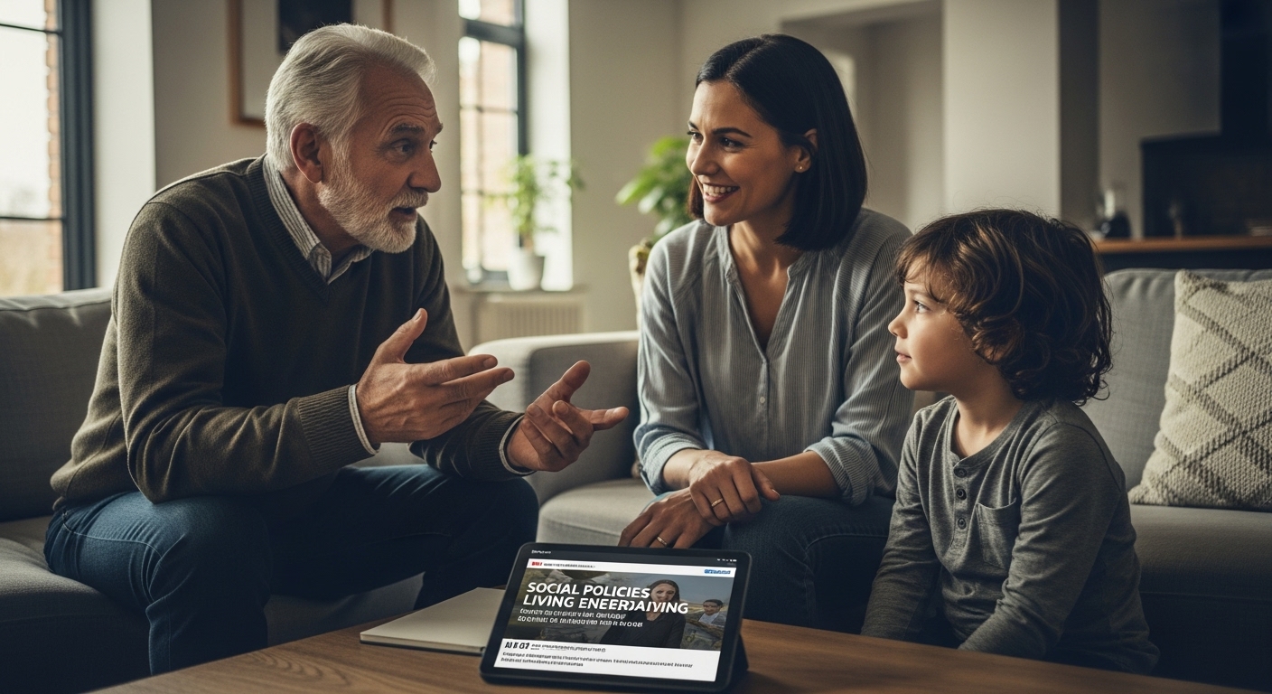 할아버지와 부모, 자녀 3대가 거실에 함께 앉아 정겹게 이야기 나누는 모습, 효도수당의 취지와 현대 가족의 모습을 상징적으로 보여줍니다.