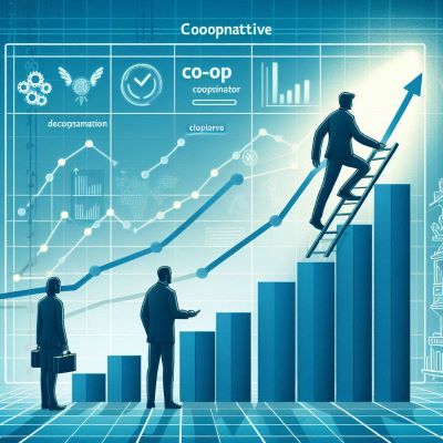 협동조합의 성장 과정을 나타내는 그래프. 그래프 선을 따라 협동조합코디네이터가 계단을 오르는 모습