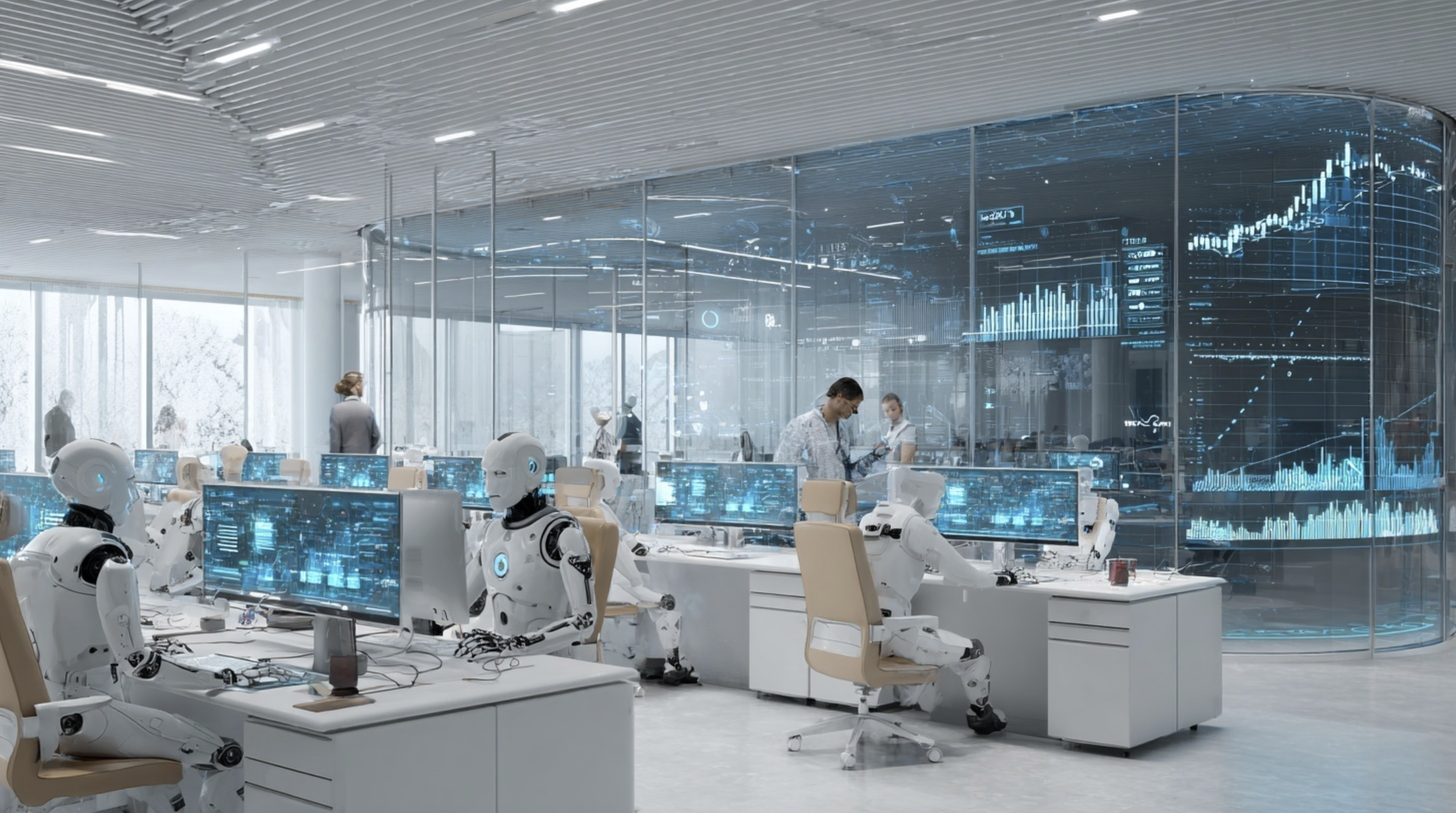 AI와 인간이 함께 협력하며 일하는 미래의 사무환경, 인간은 슈퍼바이저로 로봇은 단순 업무를 처리하는 사무실 분위기를 연출하고 있다.
