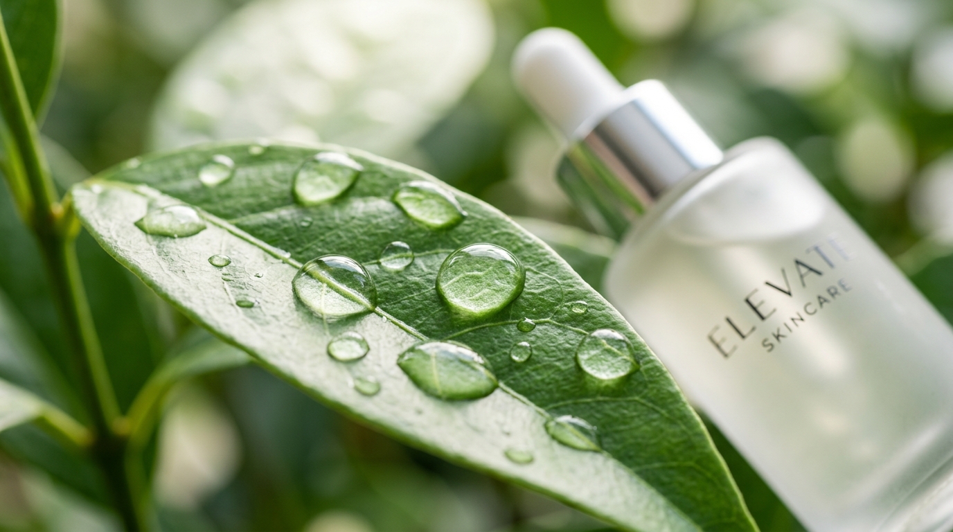 A macro close-up shot of clean, clear water droplets resting on a lush, vibrant green leaf, captured with a professional DSLR camera. In the soft-focused background, a sleek, minimalist frosted glass cosmetic bottle with a silver dropper is partially visible. The lighting is bright and natural, emulating an early morning dew effect, emphasizing pure hydration, cellular moisture, and clinical skincare efficacy. High resolution, editorial aesthetic
