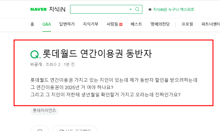 롯데월드 연간이용권 동반자 관련 질문 지식인