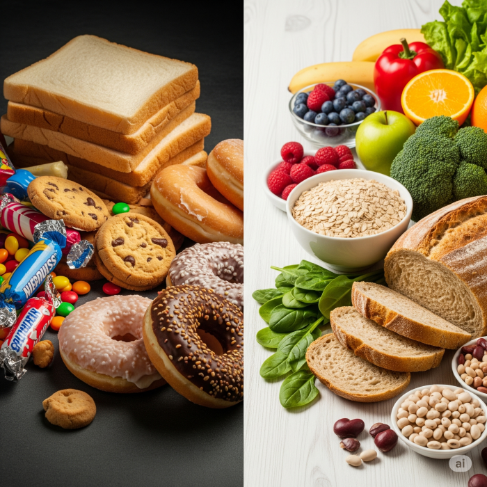 건강한 탄수화물과 그렇지 않은 탄수화물을 시각적으로 명확하게 비교하는 이미지입니다. 한쪽에는 통곡물, 다채로운 과일, 채소 등 건강한 탄수화물 식품이 밝고 자연스러운 조명 아래 놓여 있고, 다른 한쪽에는 가공된 빵, 설탕이 많은 간식 등이 어두운 조명 아래에 있어 건강한 선택을 장려합니다.