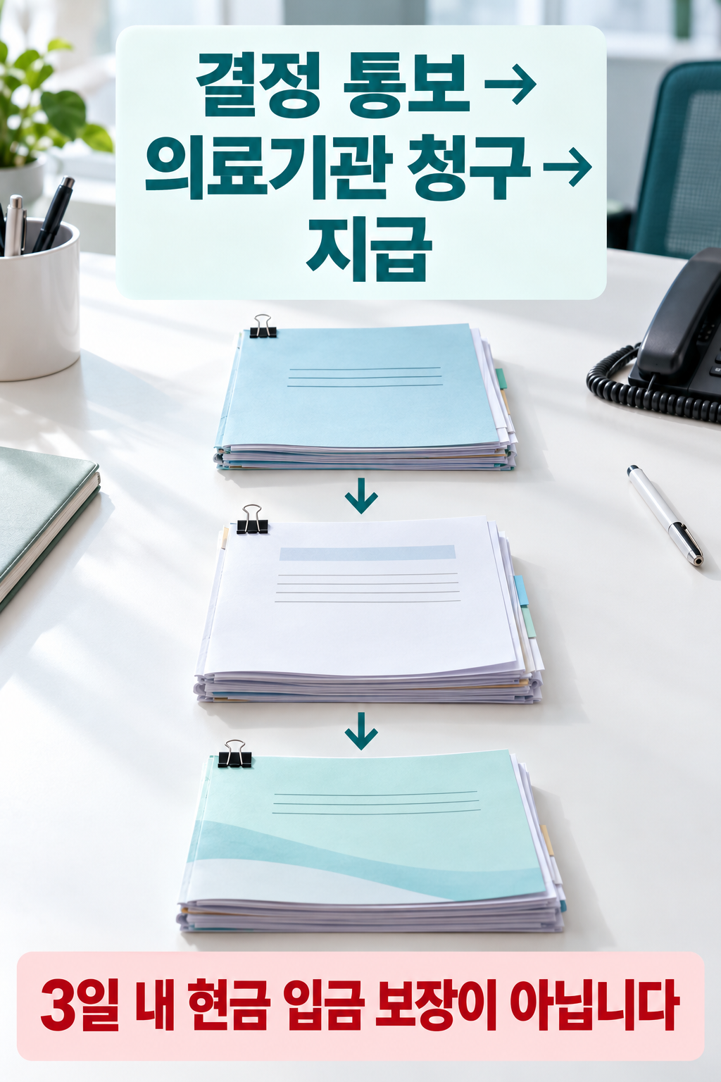 지자체 결정 안내와 병원의 청구&middot;지급 서류를 차례로 배치한 장면