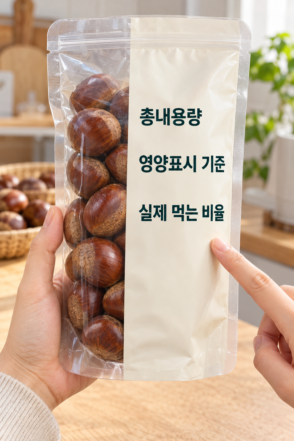 밤 제품 뒤쪽에서 총내용량과 영양표시 기준을 짚는 손