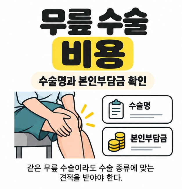 무릎 수술 비용이라는 제목 아래 무릎을 짚은 사람과 수술명 및 본인부담금 항목을 배치해 수술 종류에 맞는 견적 확인을 안내하는 그림
