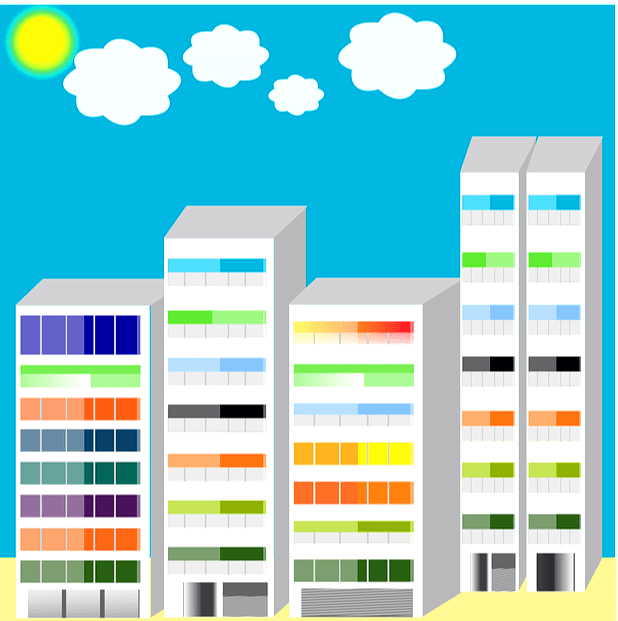 4개의 고층 빌딩들이 즐비하고 하늘엔 태양과 하얀 구름들이 떠 있다.