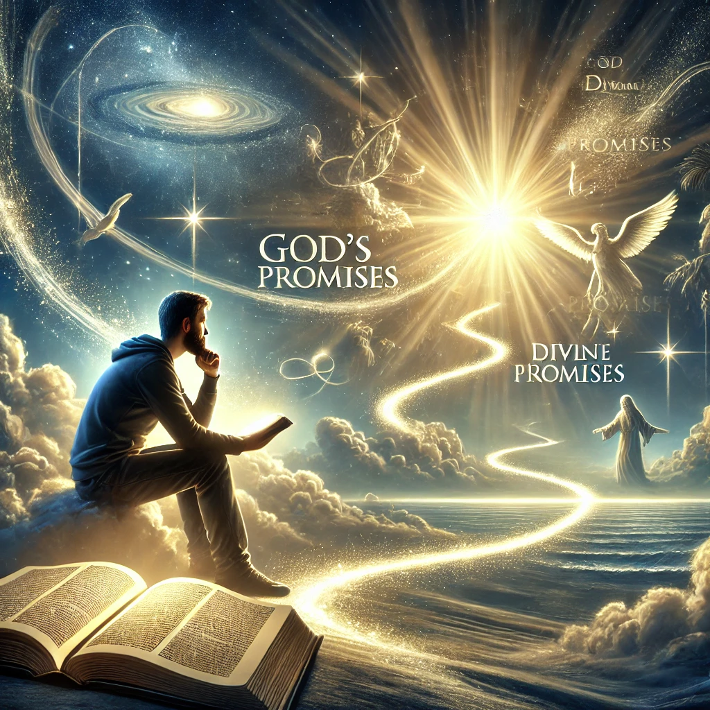 Here is the inspiring image depicting a person deeply reflecting on God's promises, inspired by Genesis 12 and 13. The scene conveys faith, hope, and a strong connection to the divine promises given by God.