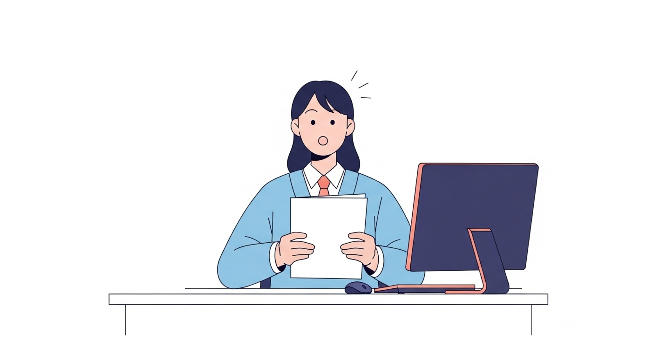 국민연금 납부예외 제도 안내문을 읽으며 놀란 직장인의 모습, 제도 이해의 필요성을 표현해야 합니다.