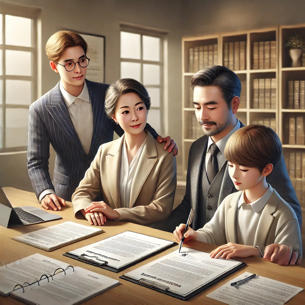 상속인과 임대인이 보증금 반환 관련 서류를 검토하며 대화 중인 장면