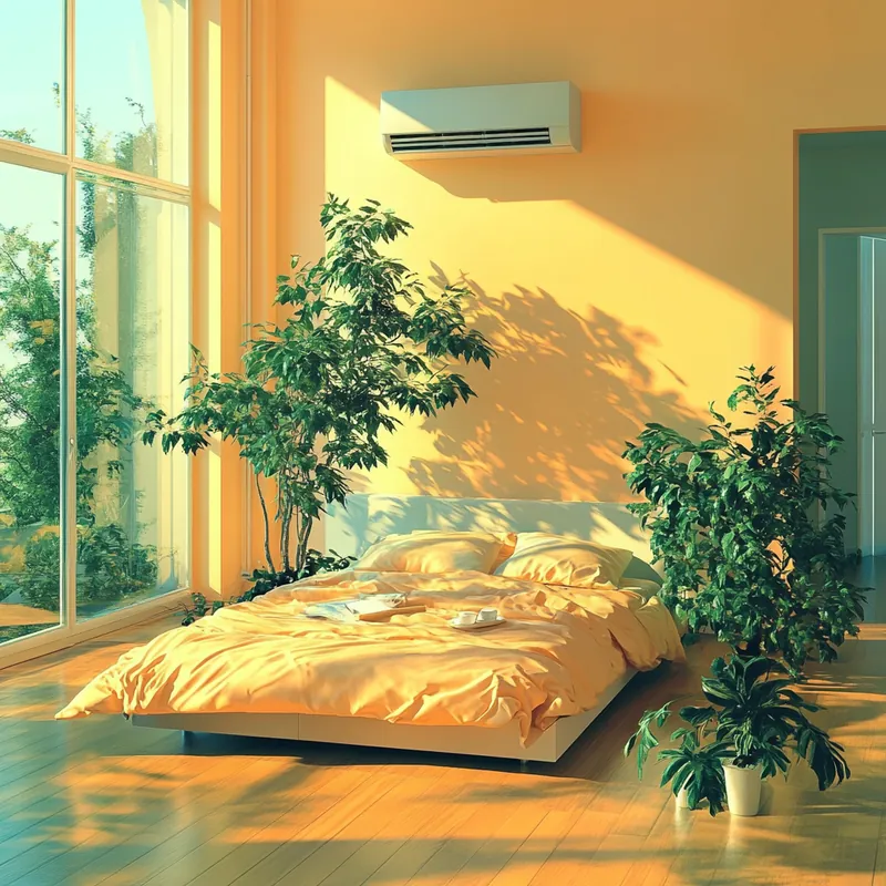 무풍 에어컨으로 조용하고 안락한 침실, 아침의 온화한 빛 속에서 평화로운 휴식을 제공하는 모던 스타일의 공간.
