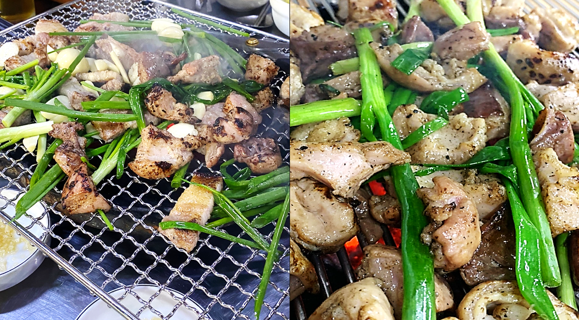 쪽파와 함께 맛있게 구워진 진해숯불막창집의 절창