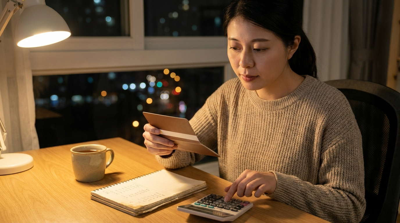 계산기와 통장을 확인하는 직장인