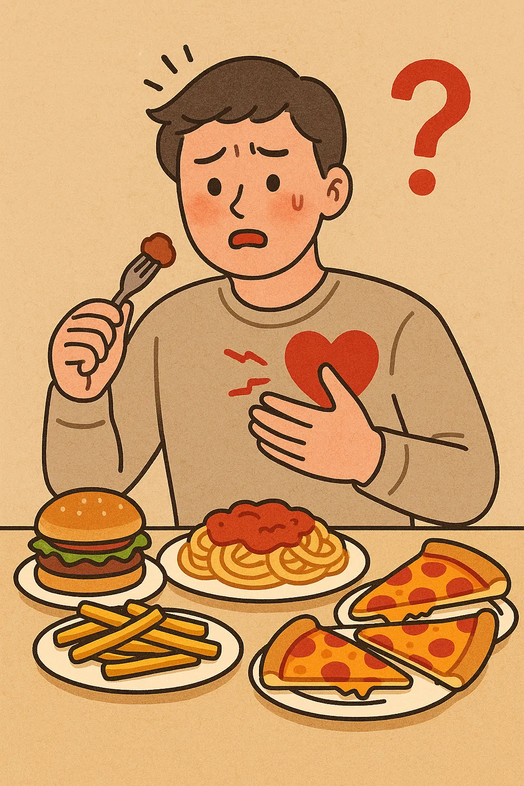 과식-후-가슴이-두근거리는-현상을-묘사한-일러스트로-음식을-많이-먹은-뒤-가슴을-부여잡고-당황하는-사람의-표정과-음식들이-강조됨