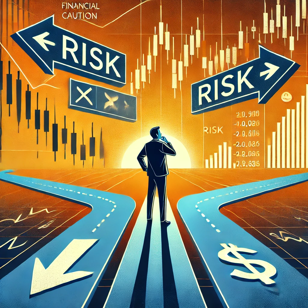 투자 리스크를 고민하는 인물이 갈림길 앞에 선 모습으로 주식 선택의 신중함을 표현한 일러스트