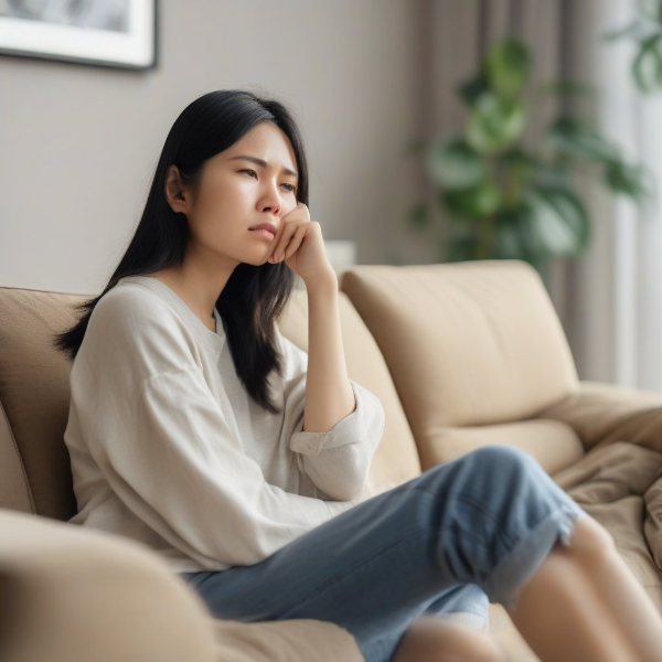 거실 소파에 앉아 지친 표정으로 머리를 괴고 있는 한국인 여성, 코로나 후유증 피로감을 표현한 실사 사진
