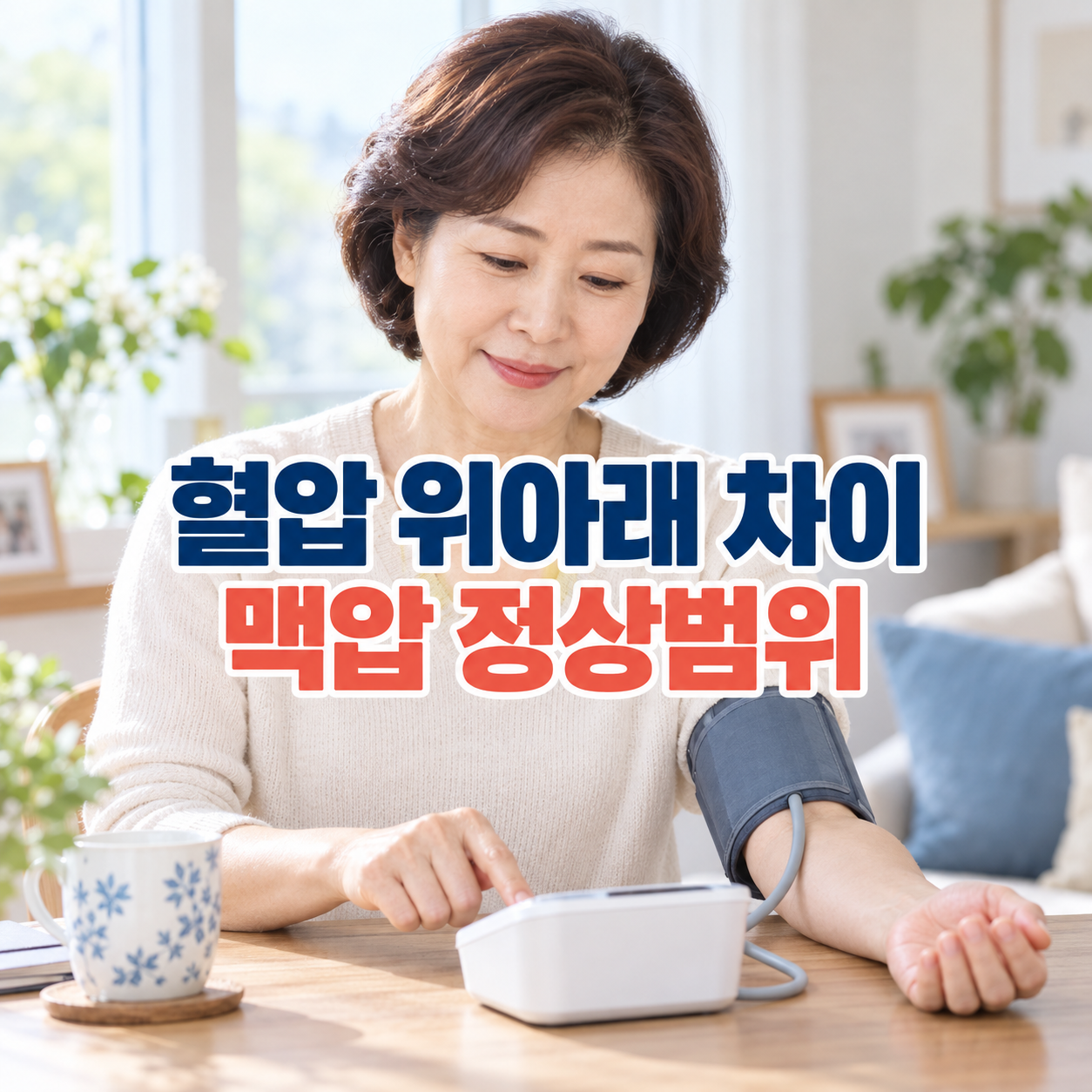 혈압을 측정하며 맥압 정상범위를 확인하는 중년 여성