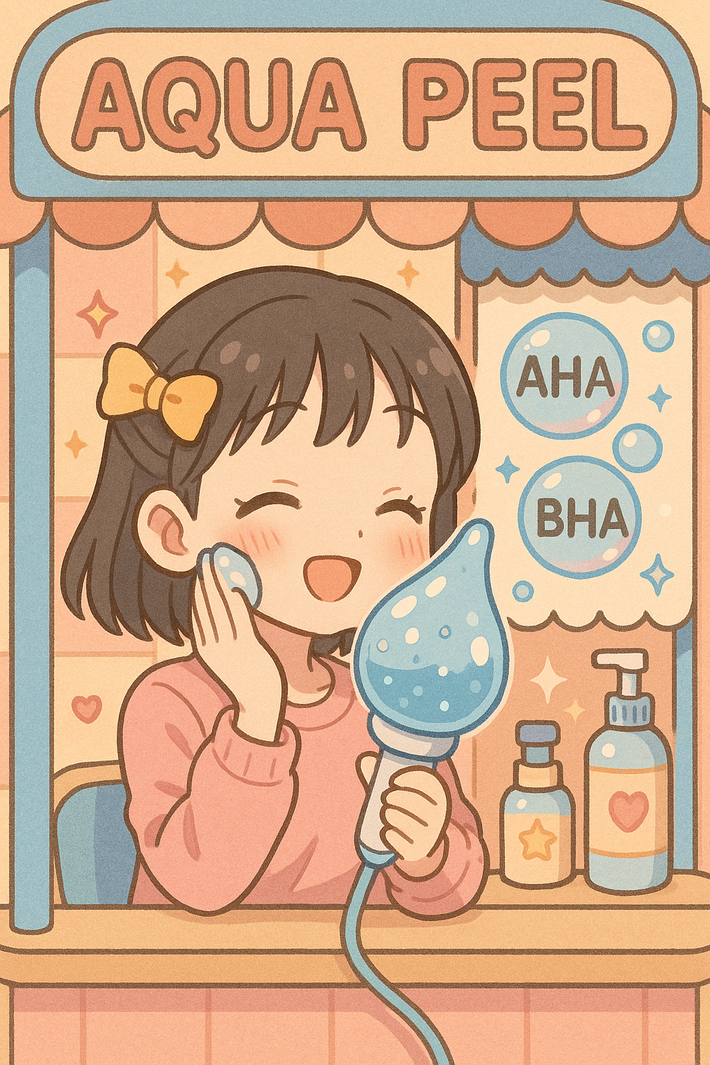 아쿠아필 시술 원리와 단계 설명을 위해 제작된 애니풍 일러스트. 동양인 소녀가 물방울 모양 스파 기기를 얼굴에 대고 미소 짓고 있으며, 옆에 AHA·BHA 글자가 들어간 공기방울이 떠 있음.