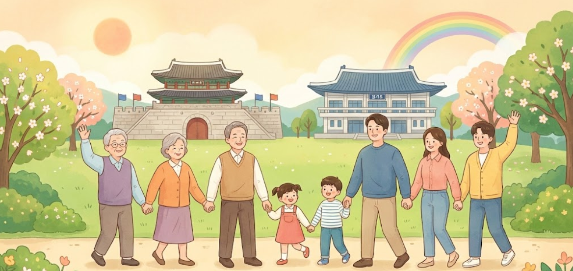 경기도 로고와 함께 '모두가 행복한 경기도'라는 문구가 적힌 따뜻한 느낌의 일러스트