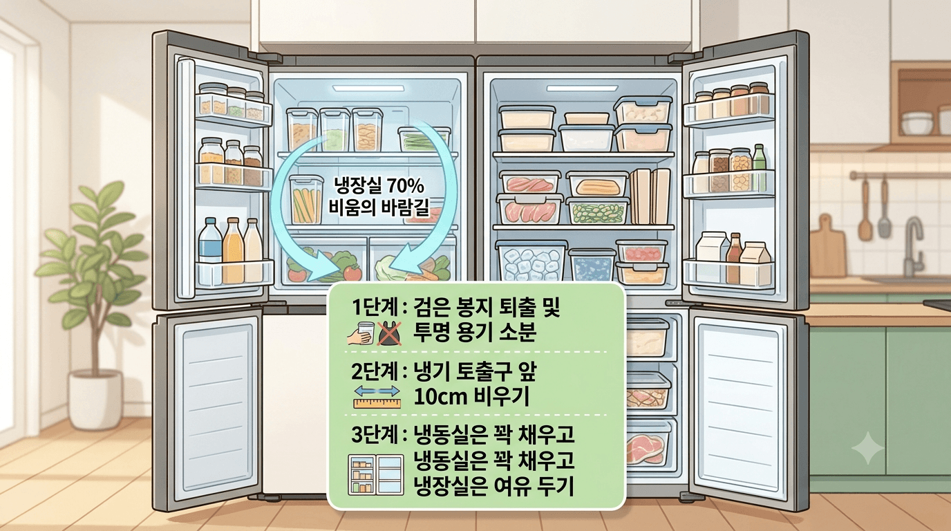 왼쪽 냉장실 선반은 투명한 밀폐용기들이 일렬로 정돈되어 뒤편 벽면이 여유롭게 보이고, 오른쪽 냉동실은 불투명 용기들이 빈틈없이 차곡차곡 채워진 모습