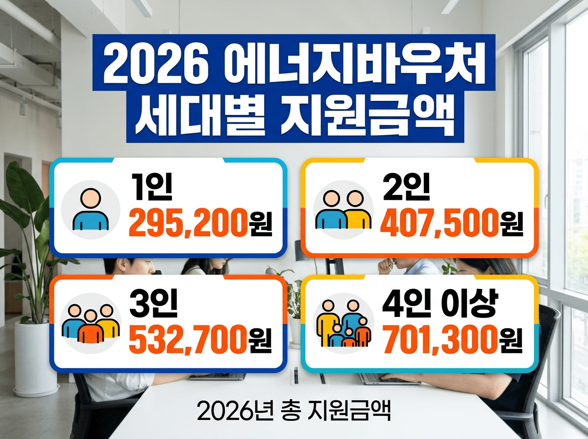 1인부터 4인 이상까지 2026 에너지바우처 세대별 총 지원금액을 큰 숫자로 비교한 표