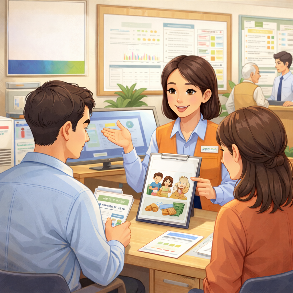 기초생활보장을 신청하고 있는 사람들 이미지 일러스트