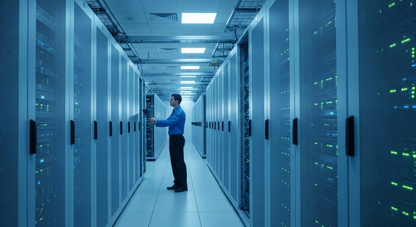 푸른 조명이 빛나는 현대적인 데이터센터 내부의 수많은 서버 랙. AI 시대의 핵심 인프라를 상징한다.