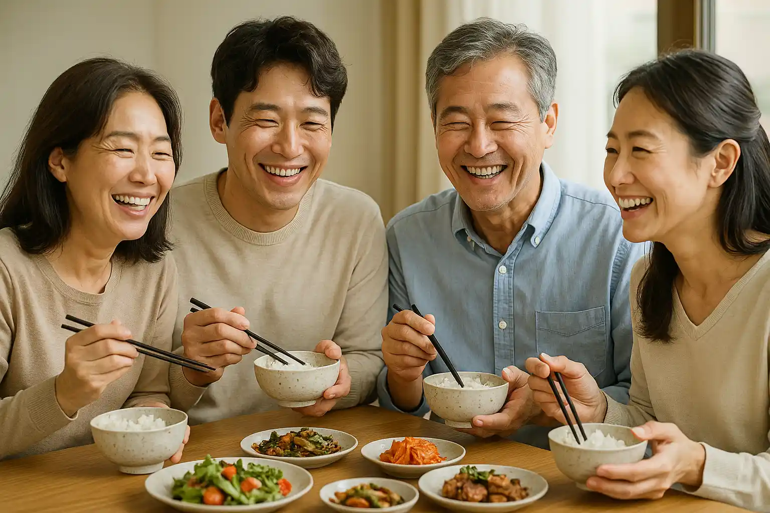 밝은 미소로 식사하는 40대 가족