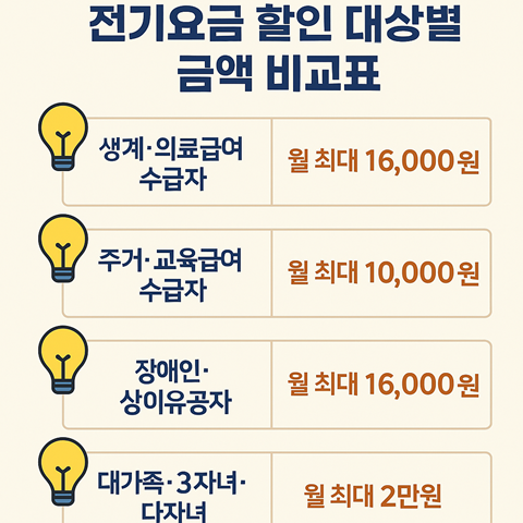 전기요금 할인 대상별 금액 비교표