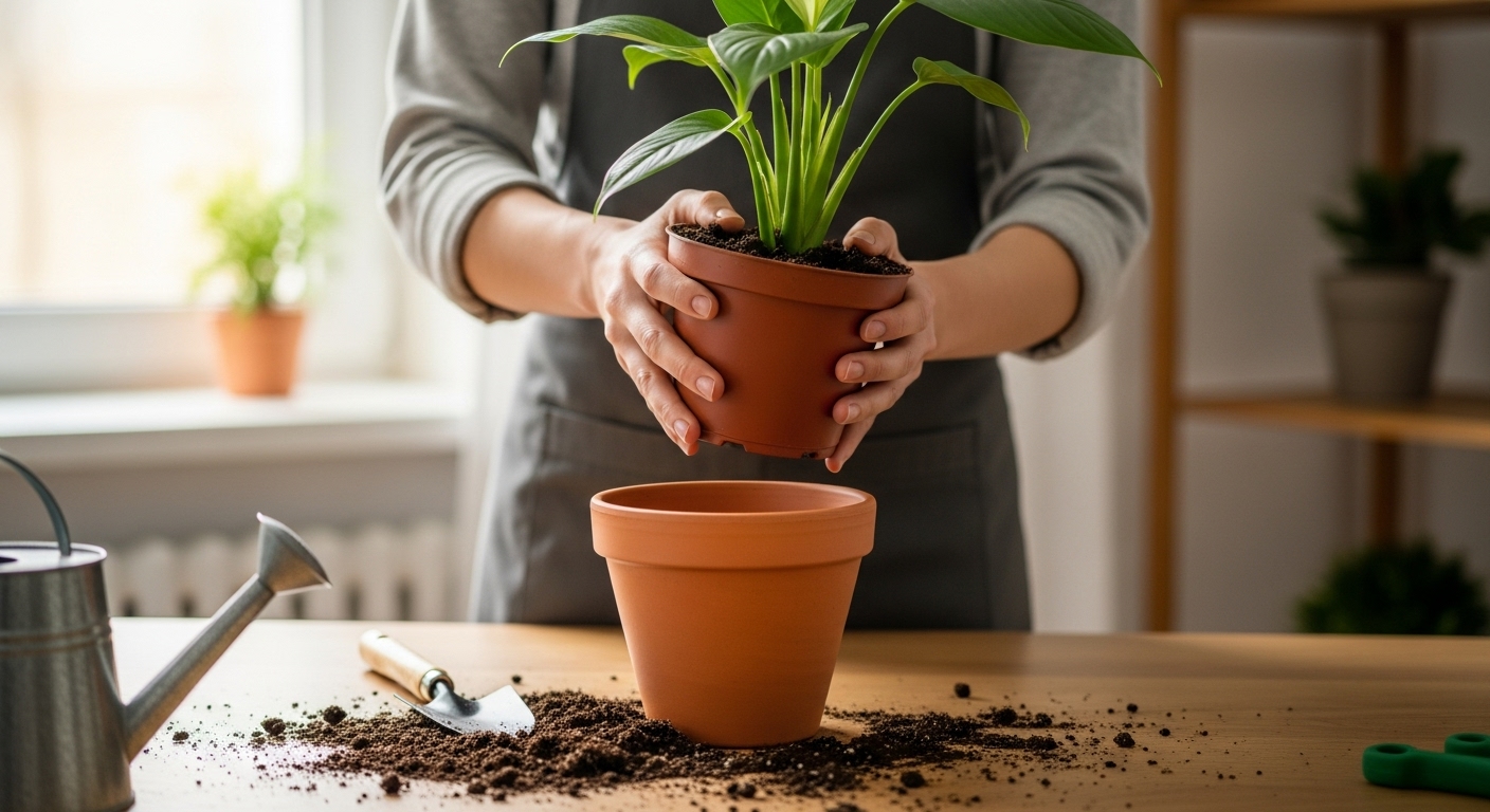 “작은 화분에서 식물을 꺼내 새 화분에 옮겨 심는 분갈이 과정”