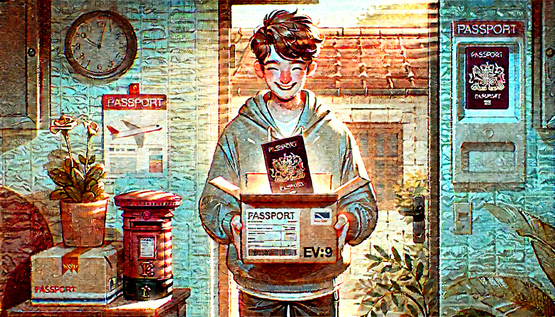 우편으로 여권을 수령하며 기뻐하는 사람의 모습을 디지털 페인팅 스타일로 표현한 장면, 따뜻한 분위기의 실내와 패키지를 들고 있는 모습