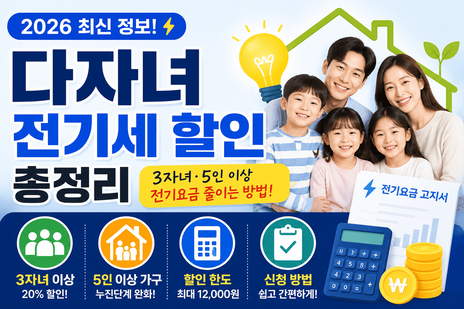 2026 다자녀 전기세 할인 총정리｜3자녀&middot;5인 이상 가구 전기요금 줄이는 방법