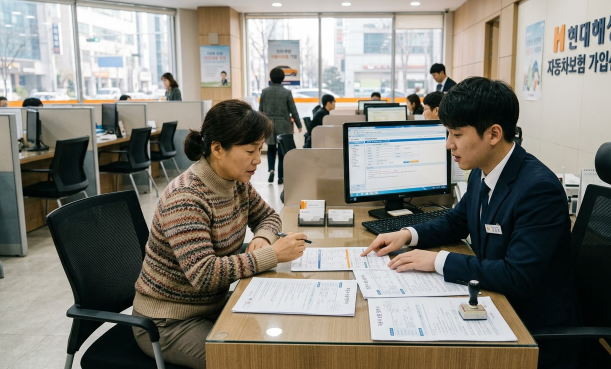 접수 데스크에서 상담받는 모습 또는 자동차보험 서류 이미지