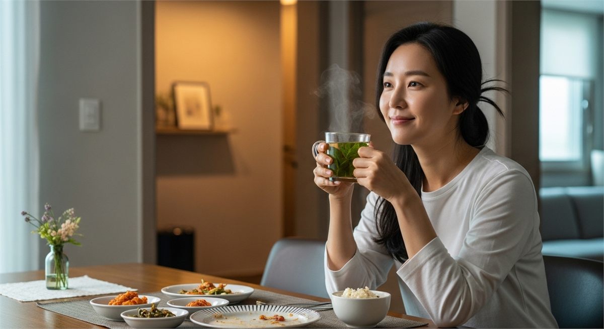 식사 후 집에서 페퍼민트 차를 마시는 모습 