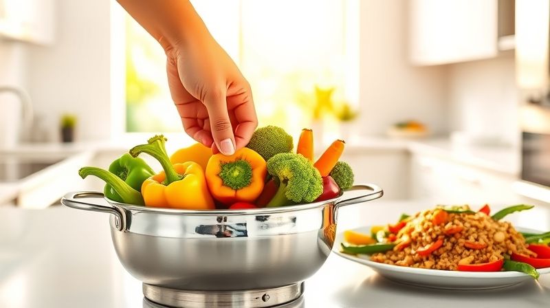 건강한 식단 조리를 위한 찜기에 채소를 넣는 모습
