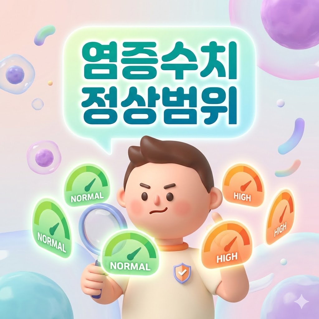 염증수치 정상범위를 보여주는 표를 들고 있는 귀여운 캐릭터 일러스트