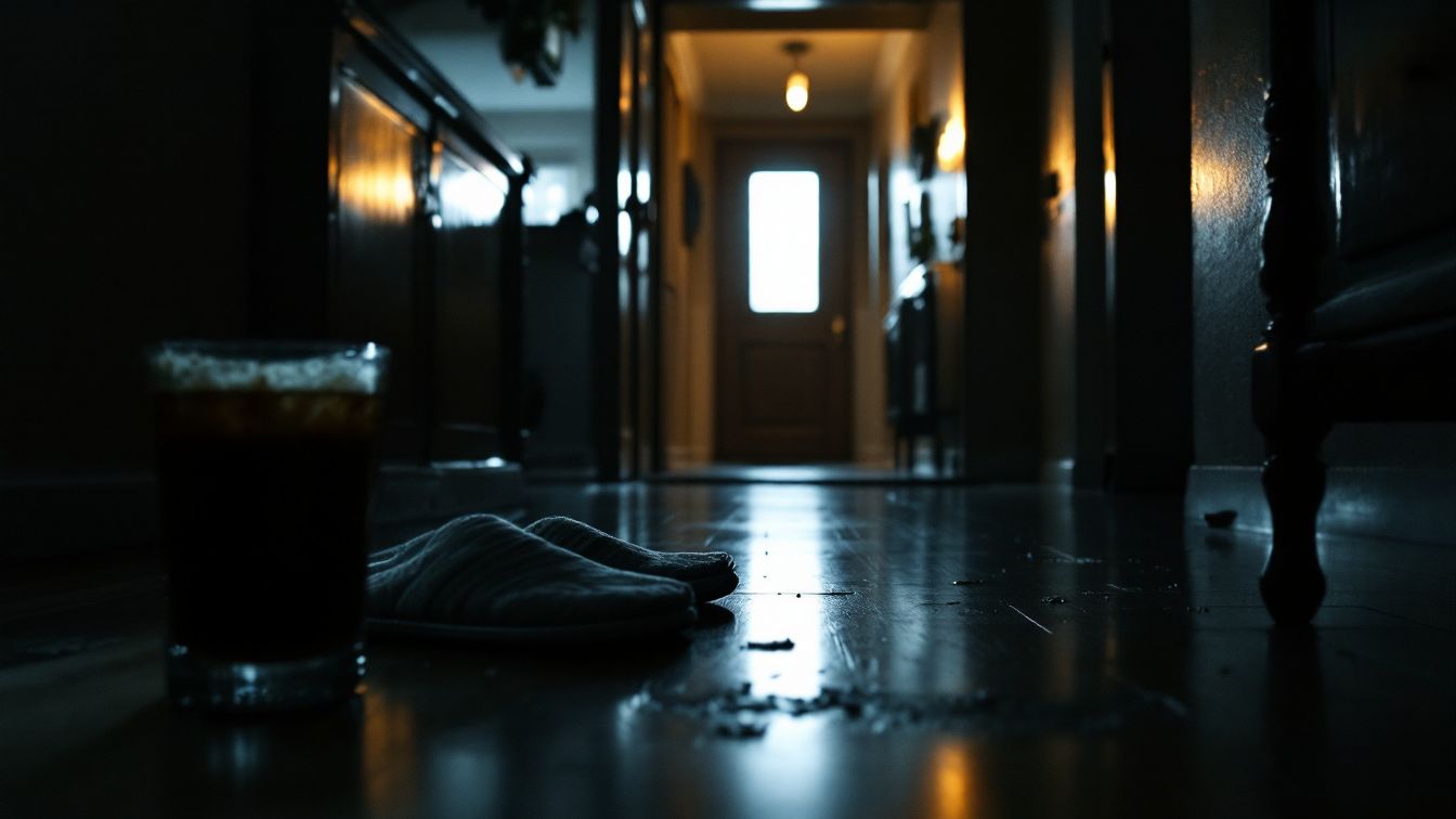 화성 니코틴 남편 사망 사건의 현장 분위기를 암시하는 어두운 복도와 음료수 컵, 슬리퍼
