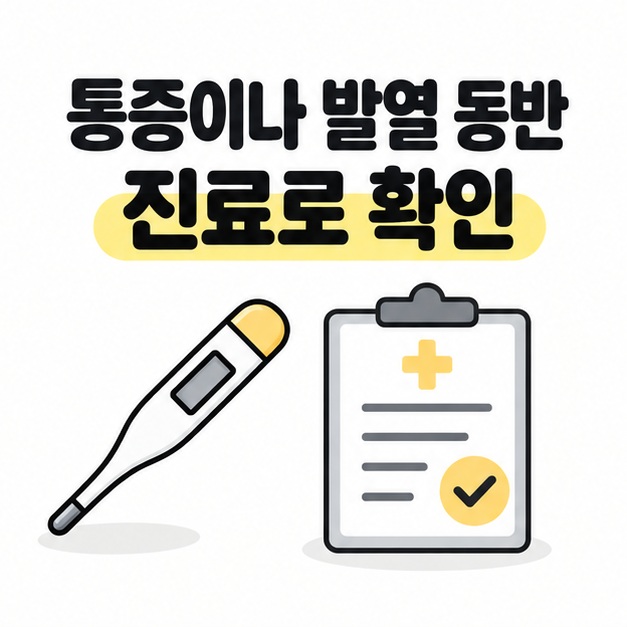 통증과 발열이 동반되면 진료를 받도록 안내하는 진료 기록 그림