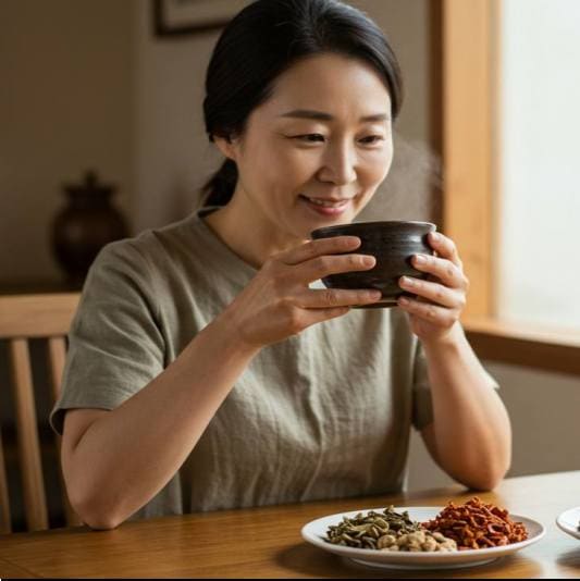 경방 궁하탕 연조엑스 복용법과 주의사항, 경방 궁하탕 복용하는 중년 여성 사진
