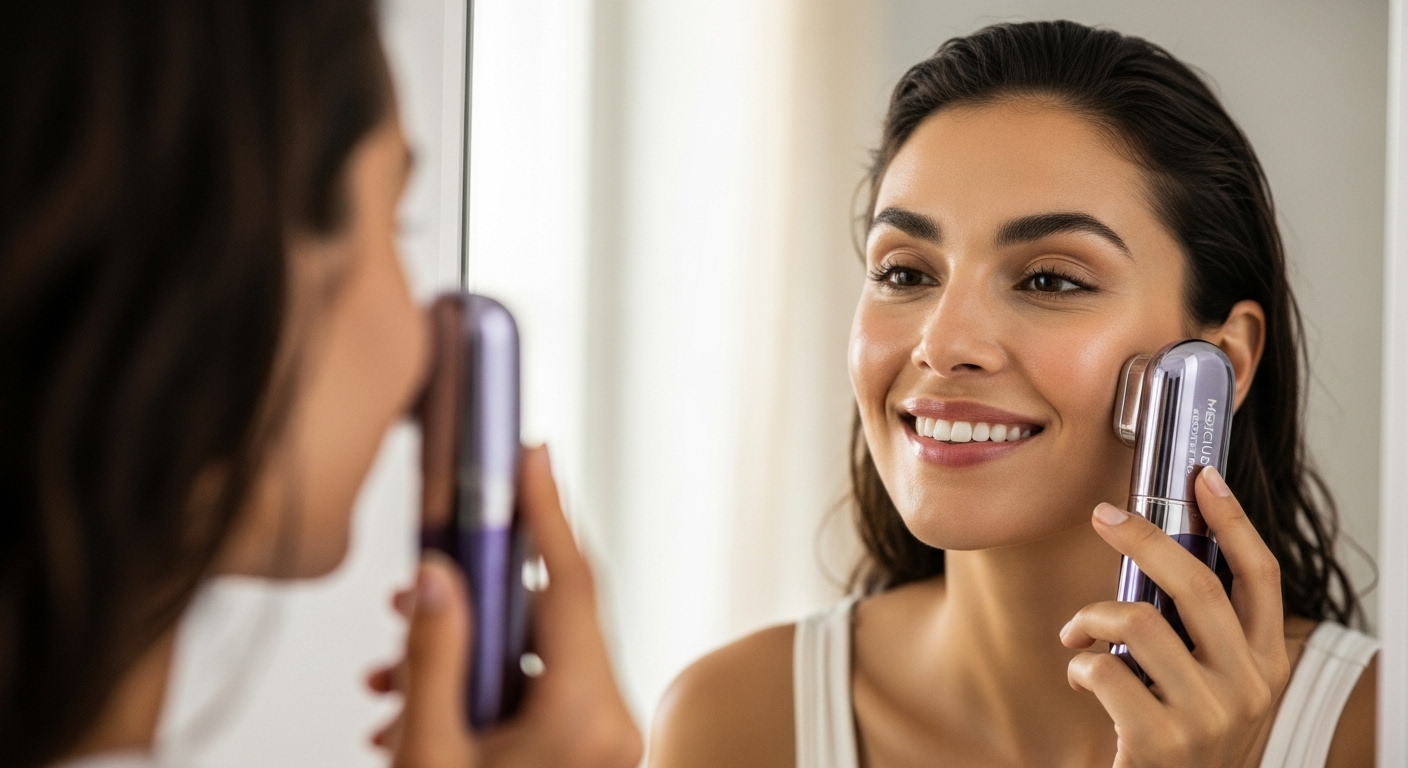 1년 사용 후 메디큐브 에이지알 부스터 프로로 개선된 피부를 보며 만족하는 여성의 모습.